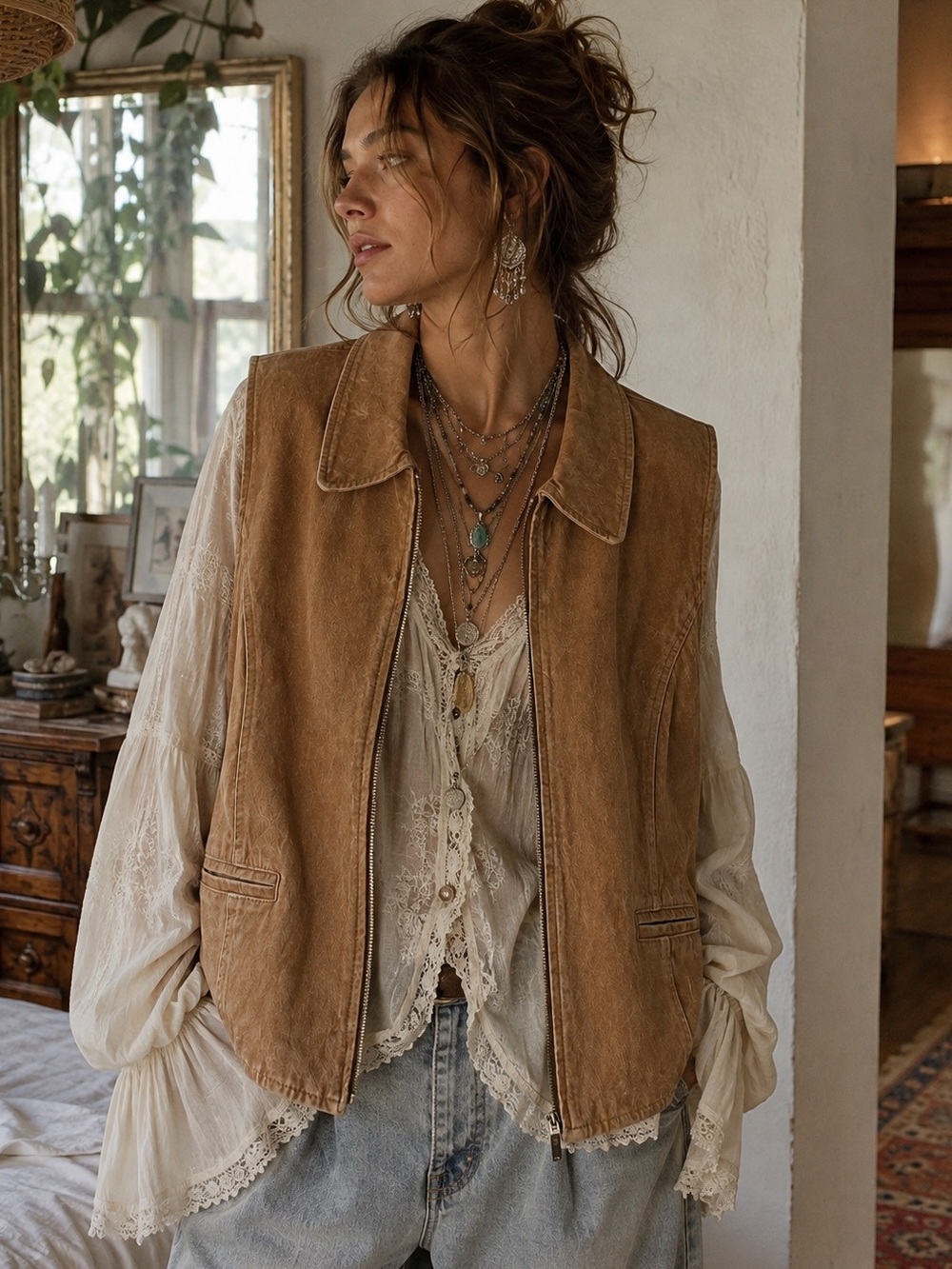 Hunt Club Suede Zip-Front Vest in Tan